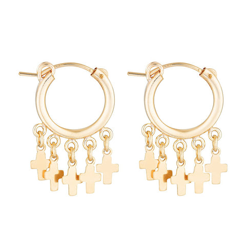 The Zeus Cross Earrings - 14k gold-filled, mini hoop earrings with gold-filled cross charms, by Elvis et moi.